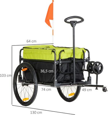 HOMCOM 2-в-1 Причіп для велосипеда, вантажний причіп, транспортний причіп для велосипеда з 20-дюймовими повітряними шинами, вантажопідйомність 40 кг, сталь, оксфордська тканина, 130 x 64 x 64/103 см (Чорний+Жовтий)