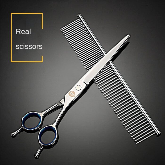 Набір професійних ножиць для собак, 4 в 1: ножиці для фінальної обробки, прямі ножиці, вигнуті ножиці, гребінець. Виготовлено з нержавіючої сталі. Підходить для собак, котів та інших домашніх тварин.