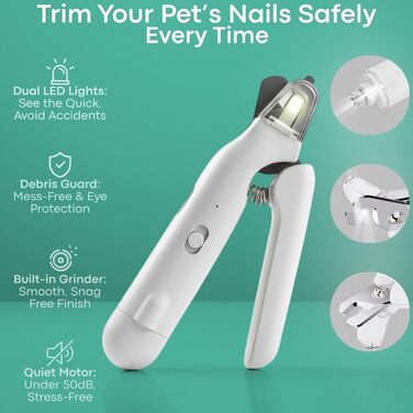 2-в-1 LED-ріжучий інструмент для догляду за кігтями для безпечного догляду за кігтями без страху, ножиці для собак зі світлом, захист безпеки, тиха робота, гострі, для середніх і маленьких собак і котів (білий)