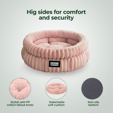 Кругле ліжко для котів BALANCE, м'яке, з плюшевого штучного хутра, з неслизьким дном, 60х60х23 см, зимовий колір білий/лісовий горіх