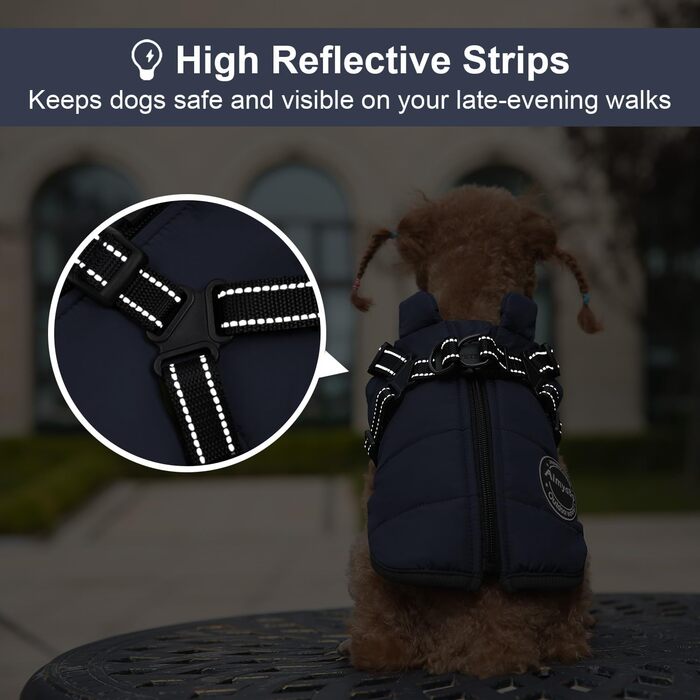 Зимова куртка для собак з нагрудником та гнучким поясом, захист від вітру та живота, світловідбиваюча жилетка для тварин з флісовою підкладкою, для маленьких собак (Темно-синій, XL)