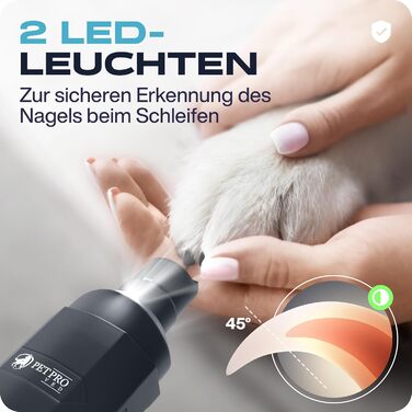 Електрична точилка для кігтів собак PETPROVED з LED підсвіткою, сіра, машинка для обрізки та полірування кігтів, безпечна кігтерізка