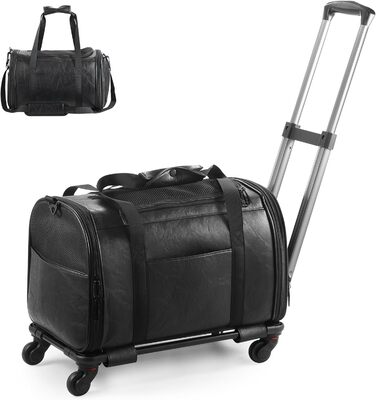 Сумка-переноска для тварин з екошкіри на колесах, для собак та котів до 6,8 кг, підходить для авіаперельотів, кемпінгу (чорна)