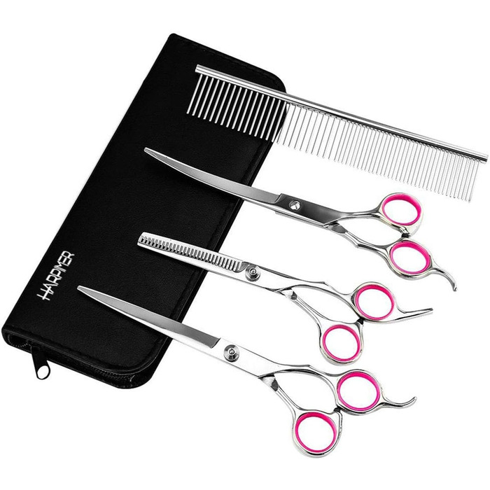 Набір професійних ножиць для грумінгу собак Novatech (4 шт.) з гребінцем: ножиці для стрижки, фінішні та вигнуті