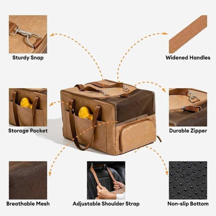 Автокрісло для собак 2-в-1 в центральній консолі/переноска для собак, стильна переноска для подорожей та перельотів для маленьких собак та котів до 5,4 кг, Чорний (Коричневий)