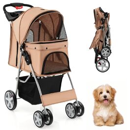 Собачий візок SOARS для тварин до 15 кг, складний, з сітковими віконцями, тримачем для напоїв та кошиком для зберігання, для маленьких тварин (Бежевий)