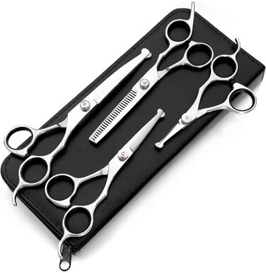 Набір професійних ножиць для грумінгу собак 9CR Edelstahl з безпечними закругленими кінцями. Комплект для догляду за шерстю собак, котів та інших тварин: ножиці для стрижки, розріджування та вирівнювання. Срібний колір.