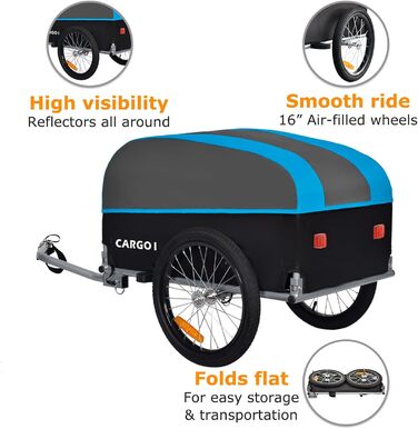 Фahrrad Lastenanhänger Tiggo VS Cargo: вантажний причіп для велосипеда, складний, велика площа вантажної поверхні 75x46 см, об'єм 120 літрів, зелений (блакитний)