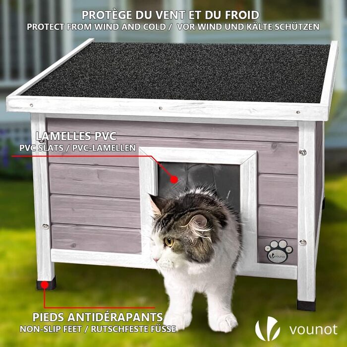 Будиночок для котів VOUNOT з дерева з асфальтовим дахом, вуличний, 57x45x43 см, сірий