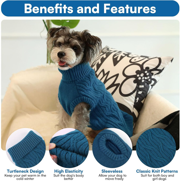 Пуловер для собак Queenmore Dackel, в'язаний водолазка для собак, підходить для Джек Рассел, Бульдог, Коргі, Французький Бульдог, Мопс (Синій, M)