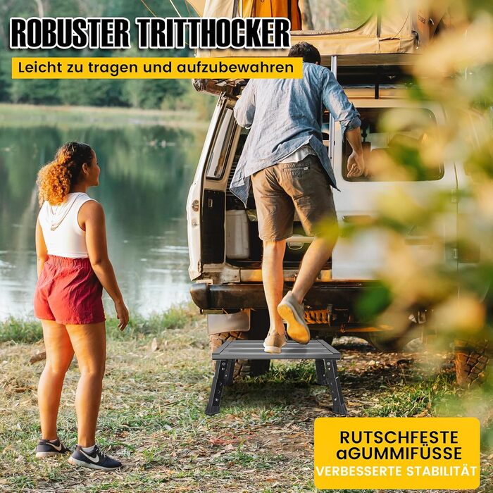 Алюмінієва розкладна сходинка-підставка, 300 кг, 3 сходинки, регульована висота, широка антиковзка поверхня, для автодому, саду та сходинок для собак, легка та складна (Чорний)