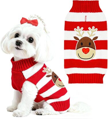 Пуловер для собак на Новий рік, теплий, м'який, осінньо-зимовий, з високим коміром, в'язаний, одяг для цуценят, милий олень, червоний, светри для собак, святковий, з короткими рукавами, (XXS (1-3 lbs), червоний/білий)
