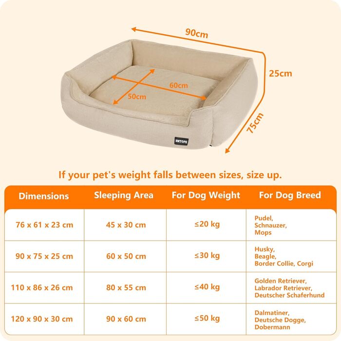 Ліжко для собак, м'яке, знімний чохол, бежеве, 90 x 75 x 25 см