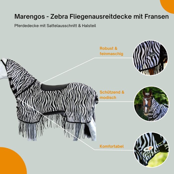 Деки для коней Marengos Zebra з бахромою, 155 см: захист від комах, з вирізом для сідла та начолею, чорно-білий колір, зовнішня деки для коней