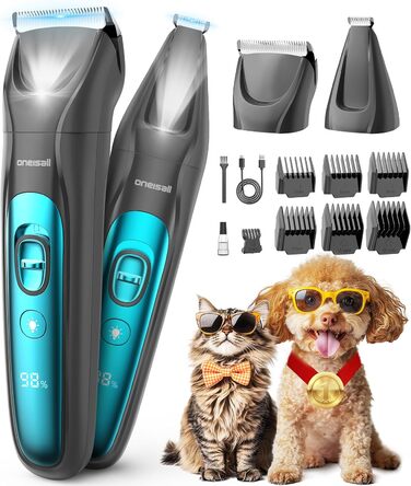 Машинка для стрижки собак та котів oneisall 2-в-1 з тримером для лап, LED-підсвічуванням, тиха робота, акумулятор 2000 mAh, професійний триммер для густого та кучерявого хутра, синій