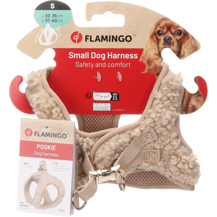 Нашийник для собак Flamingo Step&Go Pookie – Бежевий – Розмір S (A: 30–35см, B: 37–40см, 5мм) – М'який флісовий нашийник з липучкою, кліпсою та золотими деталями