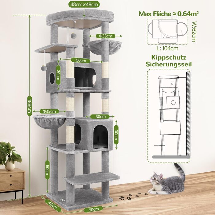 Драбина-будинок для котів Globlazer S74 XXL (188 см, сірий) - міцна, кутова, з будиночком та платформами