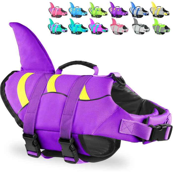 Жилет для плавання для собак Fragralley Shark, Ripstop, для плавання та катання на човнах, жилет для собак з чудовою плавучістю та ручкою для порятунку, підходить для собак маленьких, середніх та великих порід (X-Small, фіолетовий акула)