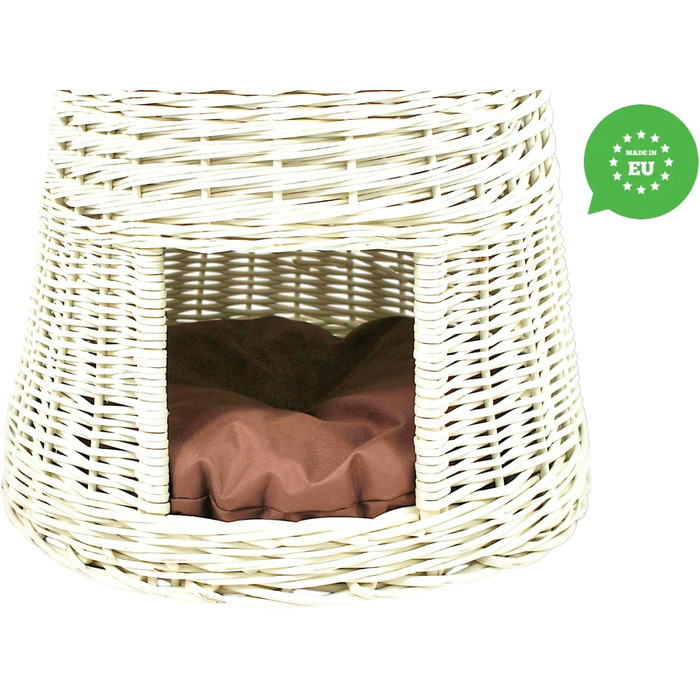 Кігтеточка-будиночок для котів: двоярусне ліжко з плетіння з лози, діаметр 50 см, з подушкою, білий колір