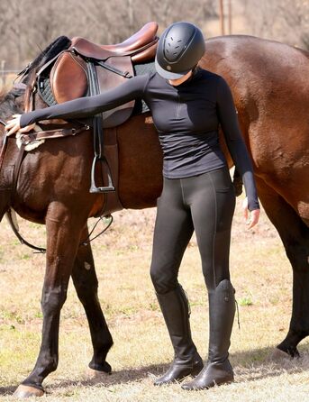 Спортивні штани для верхової їзди FitsT4 для жінок та дівчаток. Легінси для верхової їзди з силіконовими накладками на колінах, з боковими кишенями, дихаючі та еластичні. Ідеально підходять для верхової школи та їзди на велосипеді навесні/влітку. Чорний к