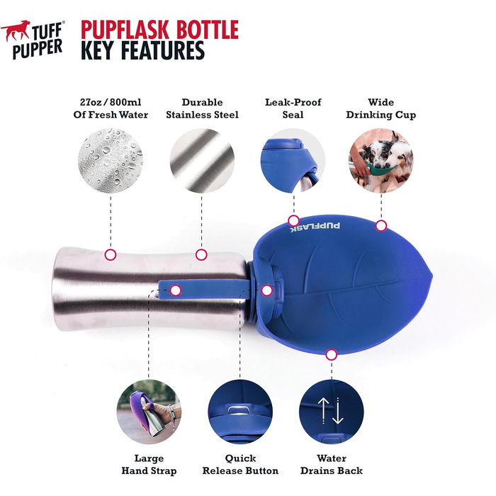 Фляга для води для собак PupFlask, 800/1200 мл, нержавіюча сталь, портативна поїлка для подорожей, не протікає, підходить для всіх порід
