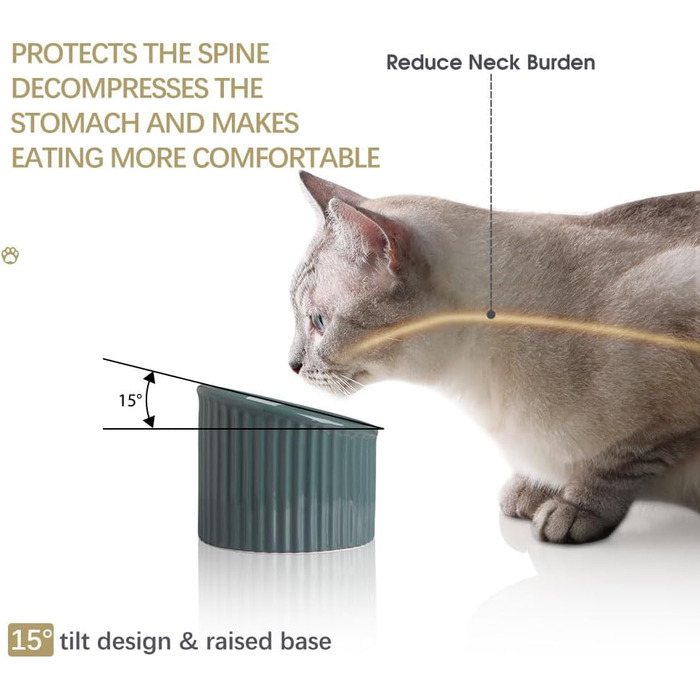 Підвищена годівниця для котів Sweejar з кераміки, нахилена, 350 мл, бежева. Захист хребта, запобігання згортанню та нудоті. Без стресу.