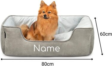 Ліжко для собак Lionto 2-в-1 з комфортним входом, м'яке домашнє ліжко для тварин, яке можна перевертати, для собак та котів, 110x80 см, подушка для собак з легкою у догляді оксамитовою обробкою (Д 80 x Ш 60 x В 26 см (з нанесенням імені), Темно-сірий/Світ