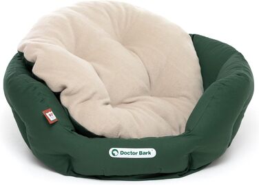 Ліжко для собак Doctor Bark - кругле, м'яке, середнього розміру, з ортопедичною подушкою та іграшкою-кісткою. Можна прати до 95°C. Виготовлено в Німеччині (M - 50x40 см, Зелений/Бежевий)
