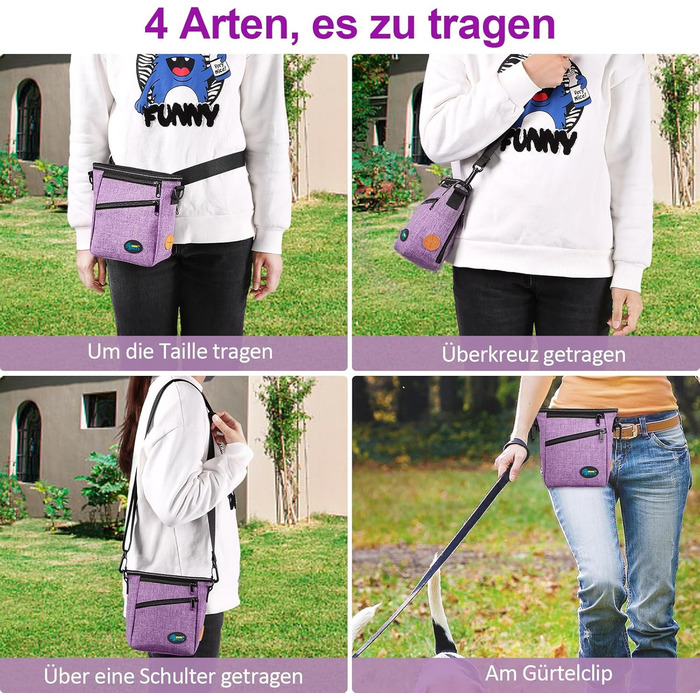 Сумка для ласощів Ownpets для собак, навчальна сумка, сумка для печива, мішок для відходів, складаний миска, регульований ремінь, поясний ремінь та кліп, (фіолетовий)