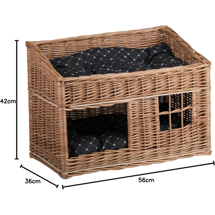 Кішка Будиночок з ротангу прямокутний, двоярусний, з подушкою та вікном (натуральний, чорний)