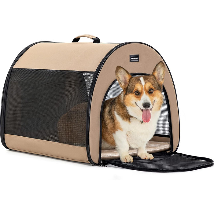 Складана переносна собача клітка Petsfit M, дихаюча, з вигнутим дизайном, антивідкривним замком і плюшевою подушкою, колір хакі, для дому