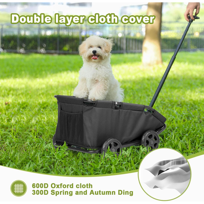 Міні-візок для маленьких домашніх тварин, складний багатофункціональний візок для покупок з висувним ручкою, для прогулянок на вулиці, з вбудованим матрацом та страхувальним тросом, з кишенькою для зберігання (Чорний)