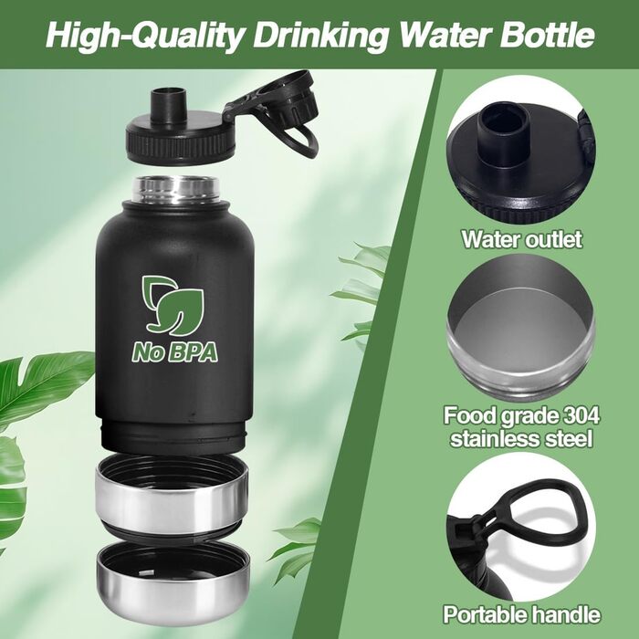 Водяна пляшка для собак на прогулянці, 950 мл, з мискою, ізольована, нержавіюча сталь, для подорожей та активного відпочинку