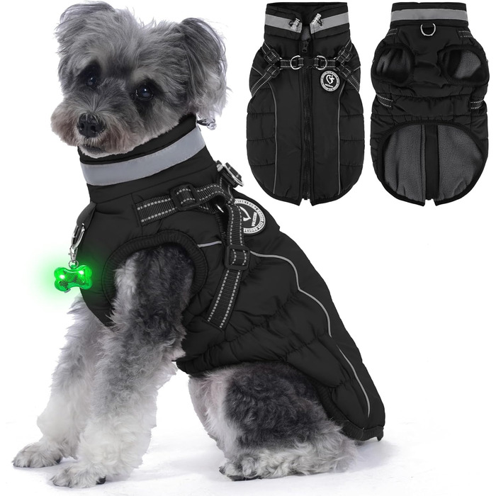 Зимовий одяг для собак: тепла куртка з LED-краваткою, світловідбиваючі смуги, водонепроникний, для маленьких та середніх собак (Чорний, XXL)