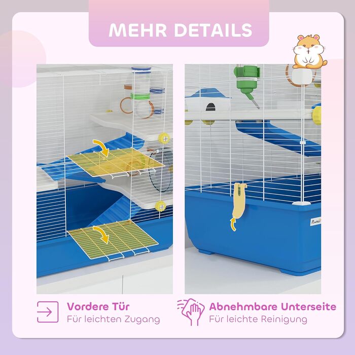 Клітка для хом'яків PawHut 4-ярусна, для дрібних тварин, з аксесуарами (лабіринт, годівниця), блакитна, 78 x 45 x 73 см