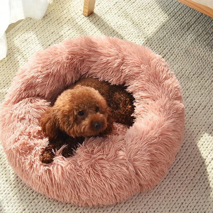 М'яке кругле ліжко для котів та собак: плюшеве, зручне, 70см, біле/рожеве