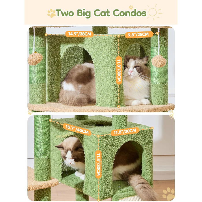 Кігтеточка для котів Taoqimiao 193 см, велика, XXL, з будиночками, гамаком, кошиком та 7 стовпчиками для заточування кігтів, сірий/зелений (MS047G)