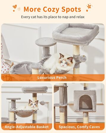 Котячий комплекс Taoqimiao MS019W для кімнатних котів, 100 см, світло-сірий, плюшевий будиночок з 5 стовпчиками для дряпання, 2 гамаки, помпони, для кошенят