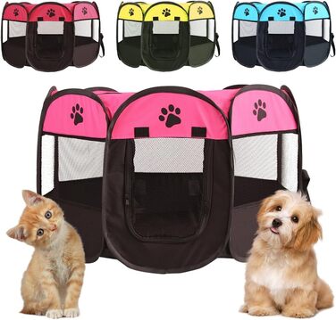 Клітка-забіг для собак і цуценят, складана, 73x73x43 см (рожевий+чорний)