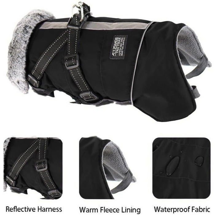Зимові куртки для собак, жилети для собак з шлейкою, теплі куртки для собак, зимові куртки для собак на вітер та воду, куртки з світловідбиваючими елементами, флісові куртки для маленьких, середніх та великих собак (чорний, S)