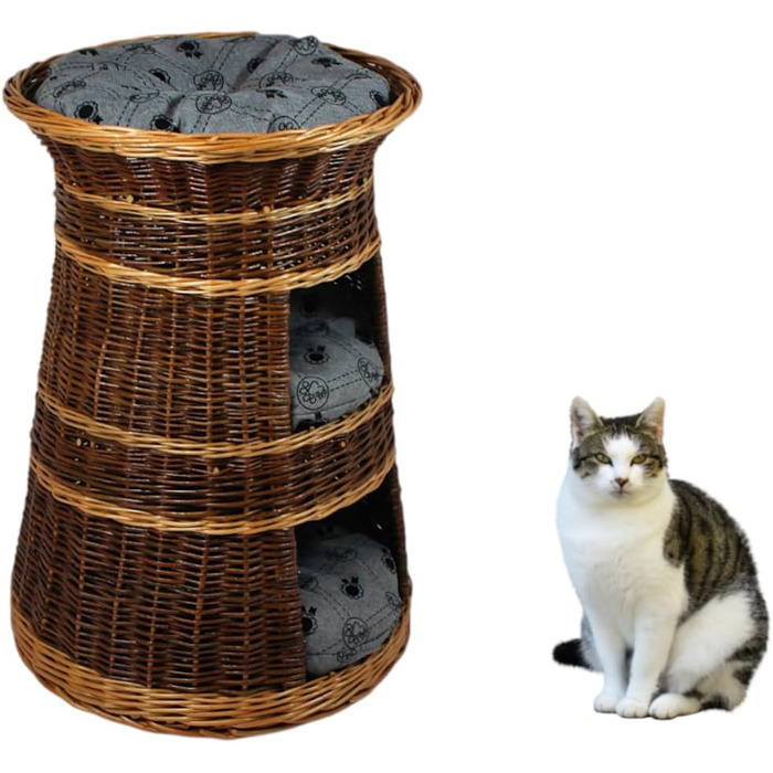 Корзина для котів для сну – котяча хатинка для дому – розмір 43 x 49 x 70 см, кругла – котяча печера з лози, трирівневе ліжко для собак або котів з пральним подушками в бежевому кольорі – лакована корзина (подушка світло-сіра)