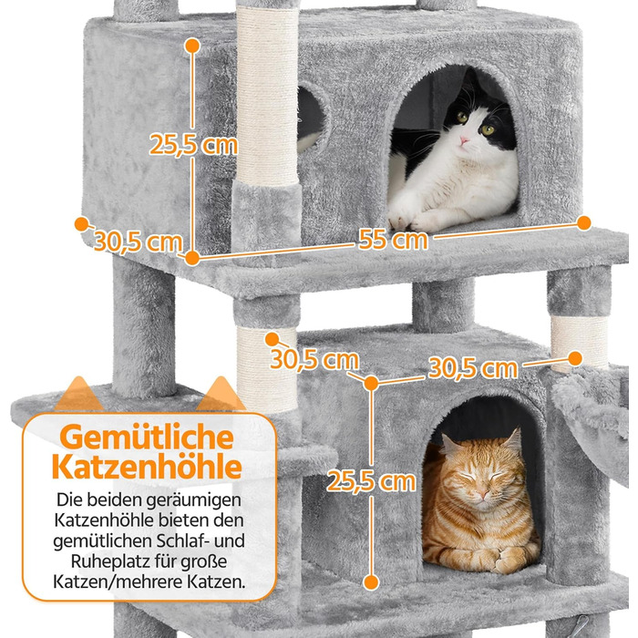 Котячий комплекс Yaheetech 170 см: кігтеточка, ліжко, гамак, іграшки, сірий колір