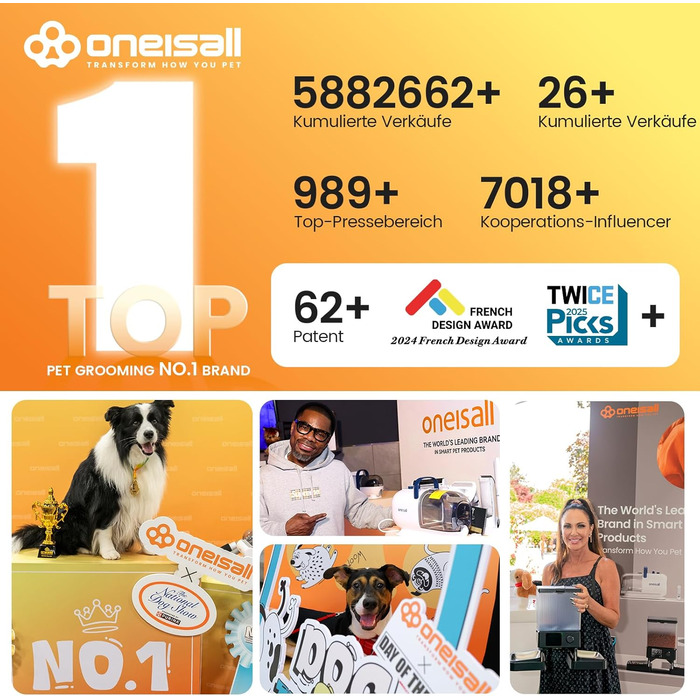 Машинка для стрижки собак Oneisall з пилососом, потужний всмоктування 12000 Па, видаляє 99.99% шерсті тварин, тиха, для собак та котів, 7 насадок, блакитна