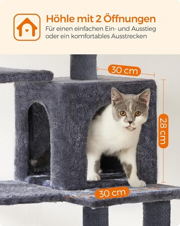 Дім-кіготник для котів Feandrea, 143 см, з 4 стовпчиками для шліфування, 2 платформами, гамаком, печерею, сірий, PCT161G01 L (55 x 45 x 143 см)