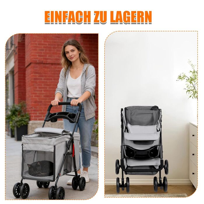 Візок для собак Homewell, візок-бігун для котів/маленьких собак, візок для домашніх тварин з 2 вікнами на блискавці, тримач для напоїв, до 20 кг (Сірий)
