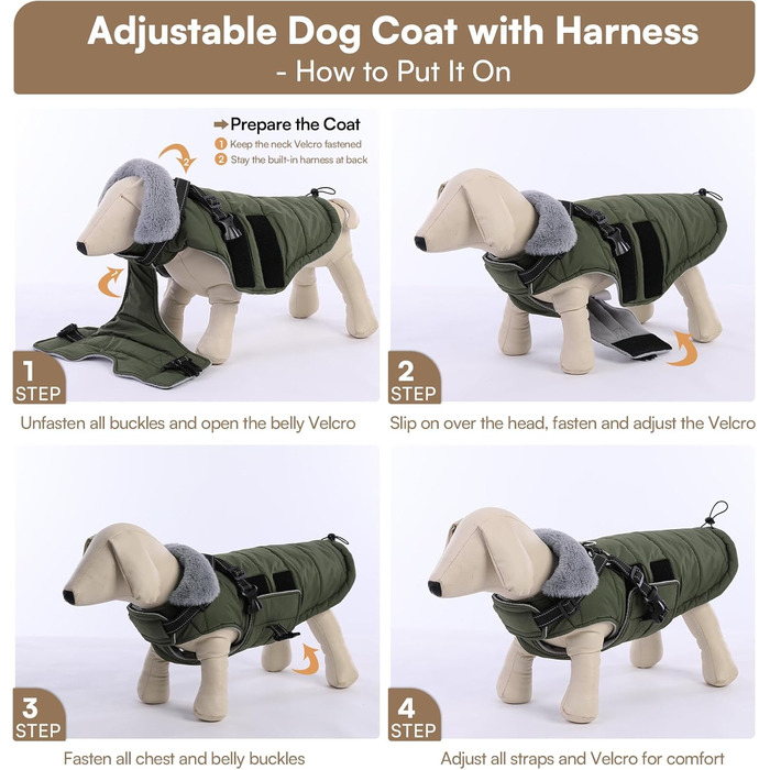 Зимовий теплий накид для собак ASENKU (S, M, L, XL) – водонепроникний, вітронепроникний, з відбиваючими елементами, з нагрудником, для маленьких, середніх та великих собак, зелений