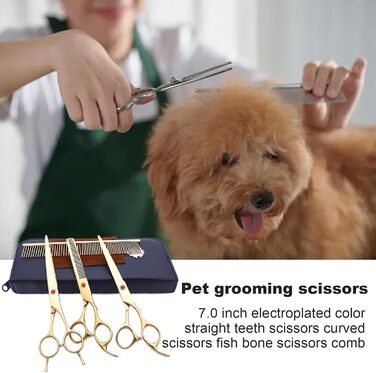 Набір професійних ножиць для грумінгу собак (7 шт.) | З нержавіючої сталі | Ножиці для догляду за тваринами [Золотий]