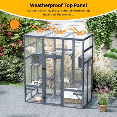 Великий дерев'яний кігтечка для котів COZIWOW з лежаками, печерами, ігровим комплексом та простором для бігу, для дому, з водонепроникним дахом, 7 платформ, 2 будиночки, стійкий до УФ-випромінювання, 167 см x 82 см, сірий, XL