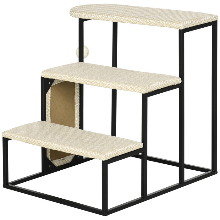 PawHut Pet Stairs 3-ступінчасті сходинки для кішок Сходи для собак з кігтеточкою та ігровим м'ячем зі сталі та сизалю 51x54x53см для котів та собак