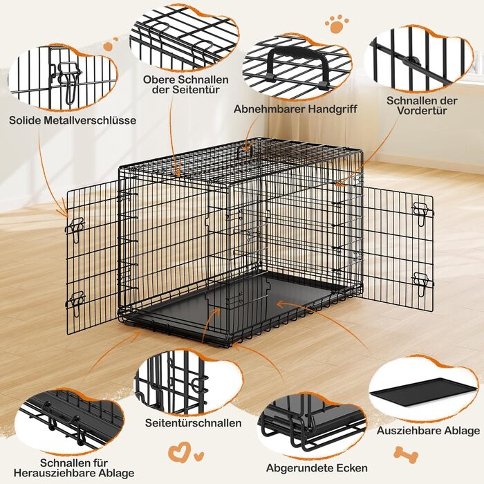Клітка для собак Yaheetech 122x71x78 см, розкладна з перегородкою, 2 двері, чорна, для дому та транспортування